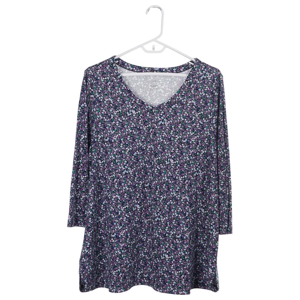 J. Jill Tee Top XL Purple Green Floral Pima Cotton 3/4 Sleeve Pullover Casual